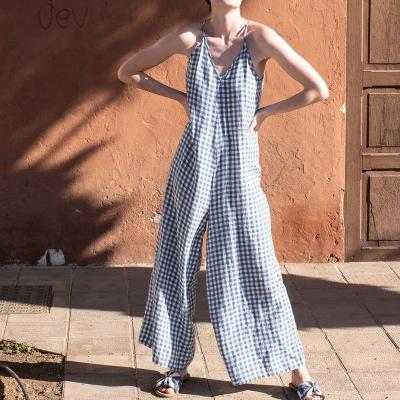 China 2022 New Arrival Women's Temperament Cotton Canvas Check Breathable High Quality Casual V-Neck Plaid Wide Leg Belted Overalls Women's Sets for sale