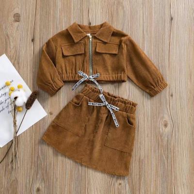 China Children Casual Fall Clothes Autumn Winter Brown Corduroy Zipper Jacket Short Skirt Girl Top Suit for sale