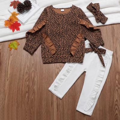 China Autumn Spring Casual Kids Outfits Ruffle Leopard Print Tops Gaiters Pants 3pcs Babies Clothes Set for sale