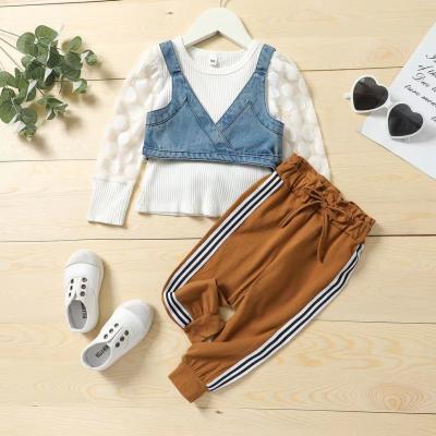 China Autumn Spring 3 Pcs Casual Girls Clothing Set White Denim Vest Top Outerwear Pants Girls Outfits for sale