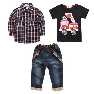 China Casual Kid Clothes Wholesale Fashion CartoonT Shirt +Plaid Shirt +Jeans 3 Pieces Set Kids Boys Casual Clothing Set for sale