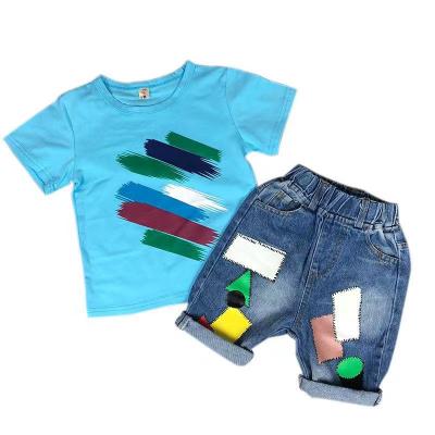 China Wholesale Casual Toddler Little Boy Kids Summer Star Print T-shirt Printed Short Jeans 2pcs Outfit Clothes Set for sale