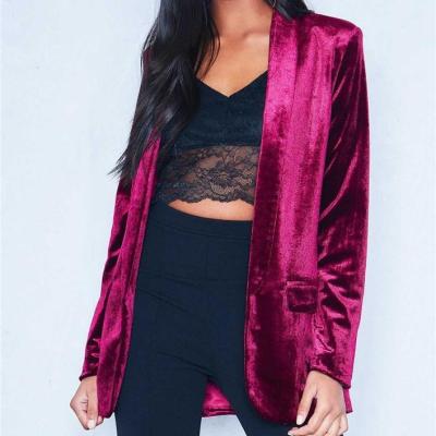 China New Fashion Breathable Custom Made Women Open Front Red Long Velvet Blazer For Autumn for sale