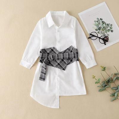 China Kids Washable Birthday Fall Shirt Dress Luxury White Girls Sheath Long Shirt Plaid Belt Outfit Blazer Dress for sale