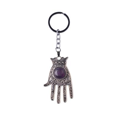 China Crystal Turkish Hand of Fatima Hamsa Keyring Natural Stone Good Luck Charm Crystal Key Chain Gift for sale