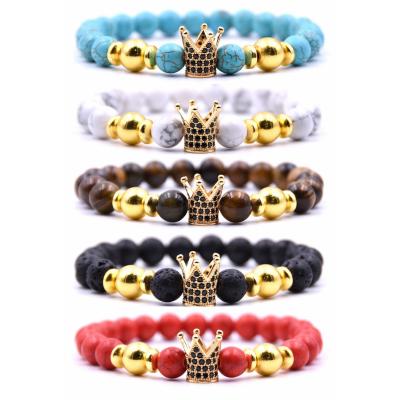 China Gold Plated King Crown Beaded Casual/Sporty White CZ Turquoise 8mm Bracelet For Men and Women for sale