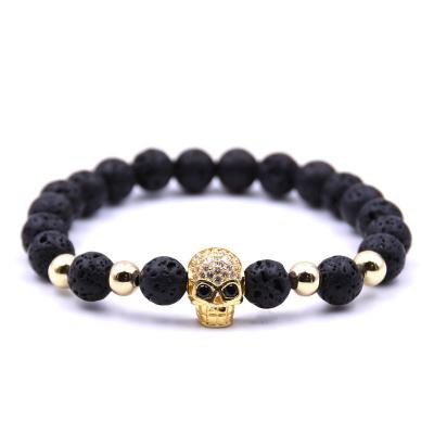 China Vintage Natural 8mm Beaded Stone Skull Lava Rock Diffuser Elastic Bracelet Yoga Agate Beads Bangle Bracelet Men Women for sale