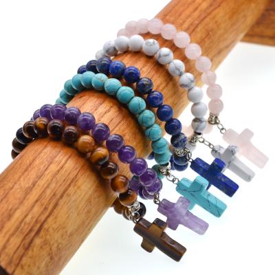 China TRENDY 8mm Beads Cross Bracelet For Women Men Natural Stone Elastic Prayer Link Bracelet For Boy Girls for sale