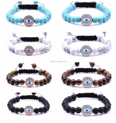 China CLASSIC New Style CZ Silver Evil Eye With 8MM Turquoise Blue Round Beads Woven Bracelet For Women Men Charm Jewelry for sale