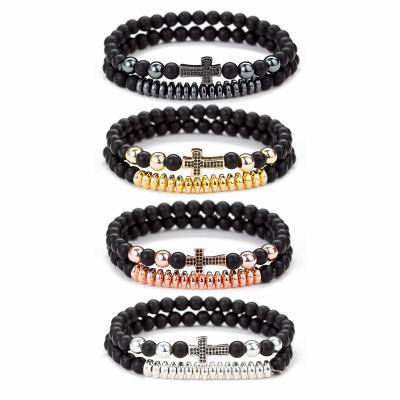 China 2Pcs Punk Cross Beaded Bracelets Set For Women Men 6MM Black Stone Stretch Bracelet Beads Jewelry Couple Friendship Bracelet Set Boy for sale