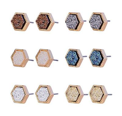 China 6 Colors Stud Earrings Druzy Crystal Stud Earrings For Women Girls Resin Group Hexagonal Prism Set Gold Pierced Stainless Steel for sale