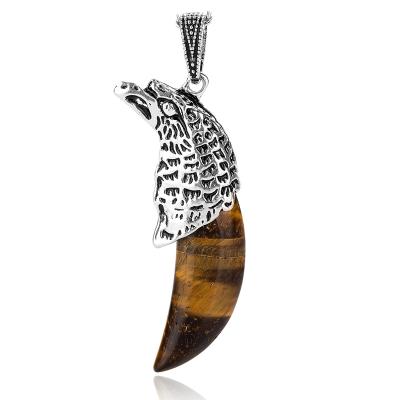 China Eagle Head Canine Tooth Tribal Crystal Pendant Men Casual/Sporting Natural Stone Gem Made of Stainless Steel for sale