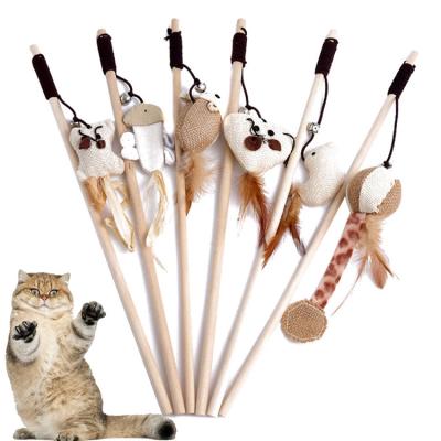 China Handmade Cheap Viable Cat Toy Interactive Set of Cat Training Toys Cute Wood Cat Teaser Stick Toy Pet for sale