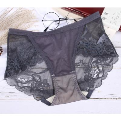 China Elasticity Antibacterial Panties Hollow Out Lace Trim Flower Design Elegant Woman Gray Underwear for sale