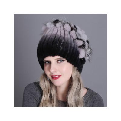 China JOINT Fashion Thickened Wool Rex Rabbit Fur Hat Grass Knitted Flower Side Warm Winter Hat for sale