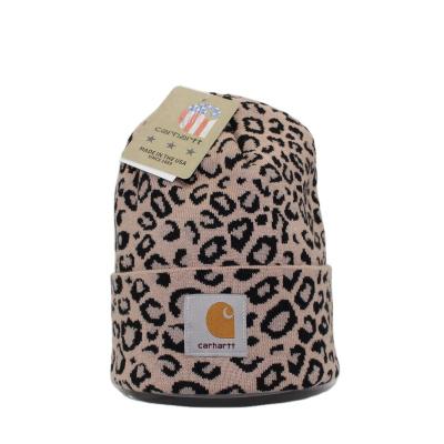 China Jacquard COMMON Fabric Leopard Double-Layer Standard Brim Knitted Baby Kids Winter Hats for sale