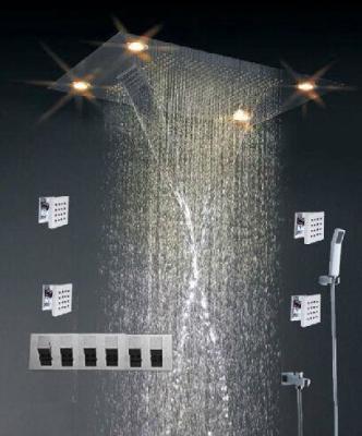 China High - End Color Changing Ceiling Mounted Rain Shower Head With Body Jet , Square Shape for sale