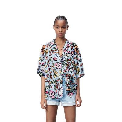 China Anti-pilling ZAR the same 2022 European and American spring and summer short sleeve the new retro printed loose casual women's shirt wholesale for sale