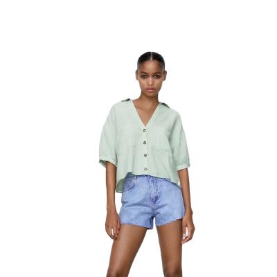 China 2022 New Anti-Wrinkle ZAR Solid Color Short Sleeve Single Breasted Shorts Shirt Same 2022 Top Women's T-shirt wholesale for sale