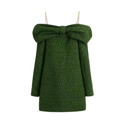 China Anti-Static Women Fashion With Bow Chain Straps Slim Tweed Mini Dress Vintage Long Sleeve Side Zipper Female Dresses Vestidos Mujer for sale