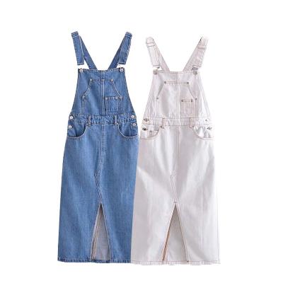 China Anti-Static Women Fashion Pockets Ducts Hem Denim Midi Pinafore Dress Vintage Backless Adjustable Straps Female Dresses Mujer Wholesale for sale