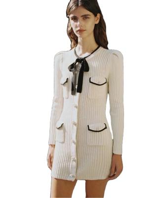 China Style anti-static French temperament bow dress sweater slim fit slimming long sleeve spring 2022 fabric white knitted dress women new for sale