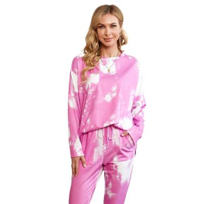 China QUICK DRY pajamas nightgowns and top women tie print dye knit jumpsuit lounge use long sleepwear pajamas jogger pajamas set plus size for sale