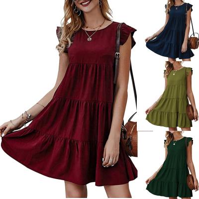 China 2021 Summer New Women's Anti-Wrinkle Solid Color Round Collar Short Dress Sheath Casual Cake Ruffled Skirt for sale