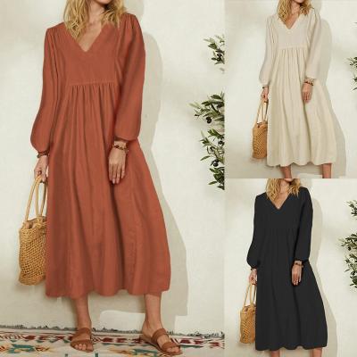 China 2022 Spring New Fashion Women's Loose Cotton Lantern Sleeve Canvas Anti-wrinkle Dress for sale