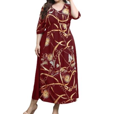 China Washable Women Plus Size Elastic Belly V-neck Long Skirt Tarpaulin Print Dress for sale