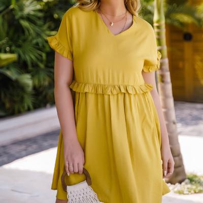 China Factory Wholesale 2021 New Summer Slim Fit Fatmm Yellow Skirt Products Washable Collar Slimming High Waist Plus Size Dress for sale