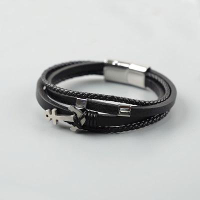 China FASHIONABLE New Men's Layered Leather Cuffs Stainless Steel Bracelet Leather Men's Bracelet Wristband for sale