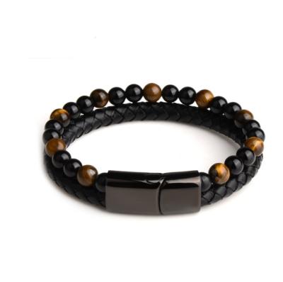 China CLASSIC Natural Stone Tiger Eye Beads Mens Leather Bracelet for sale