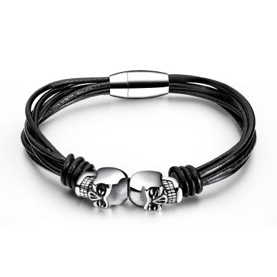 China Wholesale Punk Mens Silver Magnetic Skull Wrap Stainless Steel Fashion Leather Bracelet for sale