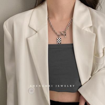 China 2022 New TRENDY Women's Checkerboard Style Couples Buckle OT Fashion Stainless Steel Jewelry Necklace Accessories for sale