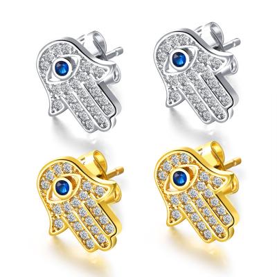 China Fashionable Initial Brass Jewelry Hamsa Evil Eye Crystal Stud Earrings for sale