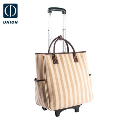 China Striped Canvas Detachable Stylish Luggage Tote Suitcase For Women Travel Multifuctional Beige Apricot Wheel Hand Luggage Fashion Trolley Bag for sale