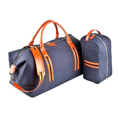 China Navy Blue Travel Duffle Bag & Toiletry Bag Travel Bottom Bag Set With Orange Faux Leather Accent Customize Logo Manufacturer for sale