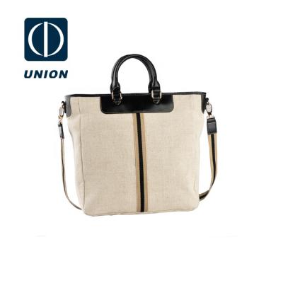 China Manufacturer Fashion Natural Trimming Canvas Travel Tote Bag Casual Handbags Wholesale Shoulder Strap With Black PU Black Shoulder Strap Handle for sale