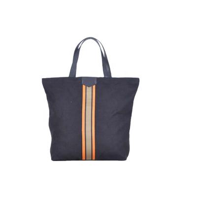 China Orange Stripe Strap Twill Canvas Black Thick Tote Bag With Black Leather Slashing Casual Handbags Fashion Wholesale Manufacturer Travel for sale