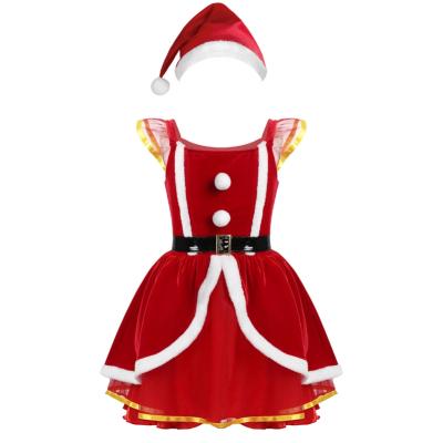 China High Quality Polyester Kids Girls Velvet Christmas Dress Soft Santa Claus Tutu Dress Costume Princess Camisole Mesh With Hat Outfits for sale