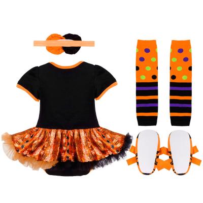 China Cotton Warm Baby Girls Halloween Infant Pumpkin Outfits Romper With Headband Leg Warmer Shoes For 0-12 Months Kids for sale