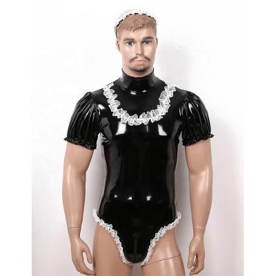 China Cosplay Costume Set Patent Leather + Lace Men's Maid Sissy Bodysuit Short Dancer Tights Wet Neck Patent Leather Top With Lace Headband for sale