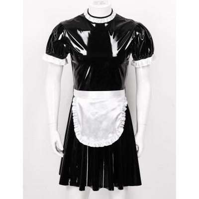 China Adults Sissy Maid Dresses Cosplay Mens Patent Leather + Satin Costume Set Wetlook Patent Leather Breath Sleeve Maid Uniform Flared Dress +Apron for sale