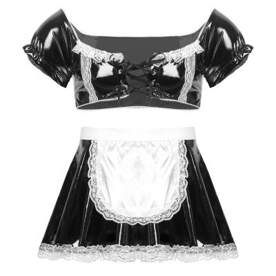 China Patent Leather + Satin Men's Gay Costume Clubwear Square Neck Shorts Sissy Patent Leather Maid Dress Cosplay Sheath Crop Top With High Waisted Flared Skirt for sale