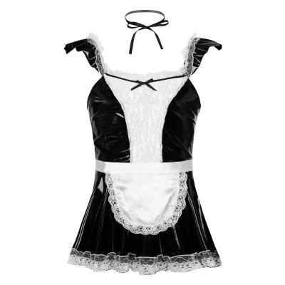 China Sissy Maid Dress Cosplay Costume Mens Male Clubwear Short Sleeves Clerk Uniform Mini Flared Patent Leather Dress for sale