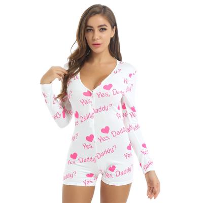 China Women's Breathable Letters/Sexy One Piece Deep V-Neck Button Jumpsuit Rompers Bodycon Sleepwear Long Sleeve Leopard Print Jumpsuits for sale