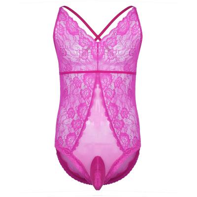 China Polyester Mesh And Lace Up Sheer Men Crossdress Lingerie Adjustable Spaghetti Strap Type Floral Sleepwear Sissy Pouch Bodysuit Women Lace Nightgowns for sale