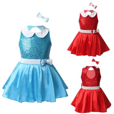 China Dresses Kids Girls Dance Wear Solid Color Christmas Dance Outfit Sleeveless Shiny Sequined Tutu Leotard Dress With Hair Clip Set for sale