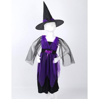 China Cotton Kid Girls Halloween Child Purple Witch Costume Carnival Cosplay Dress With Hat Set Dress Clothes Performance Wear for sale